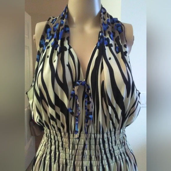 VINTAGE MAXI DRESS CINCH WAIST ANIMAL PRINT (TAN BLUE BLACK) PTP 19 TONS STRETCH - Picture 2 of 10